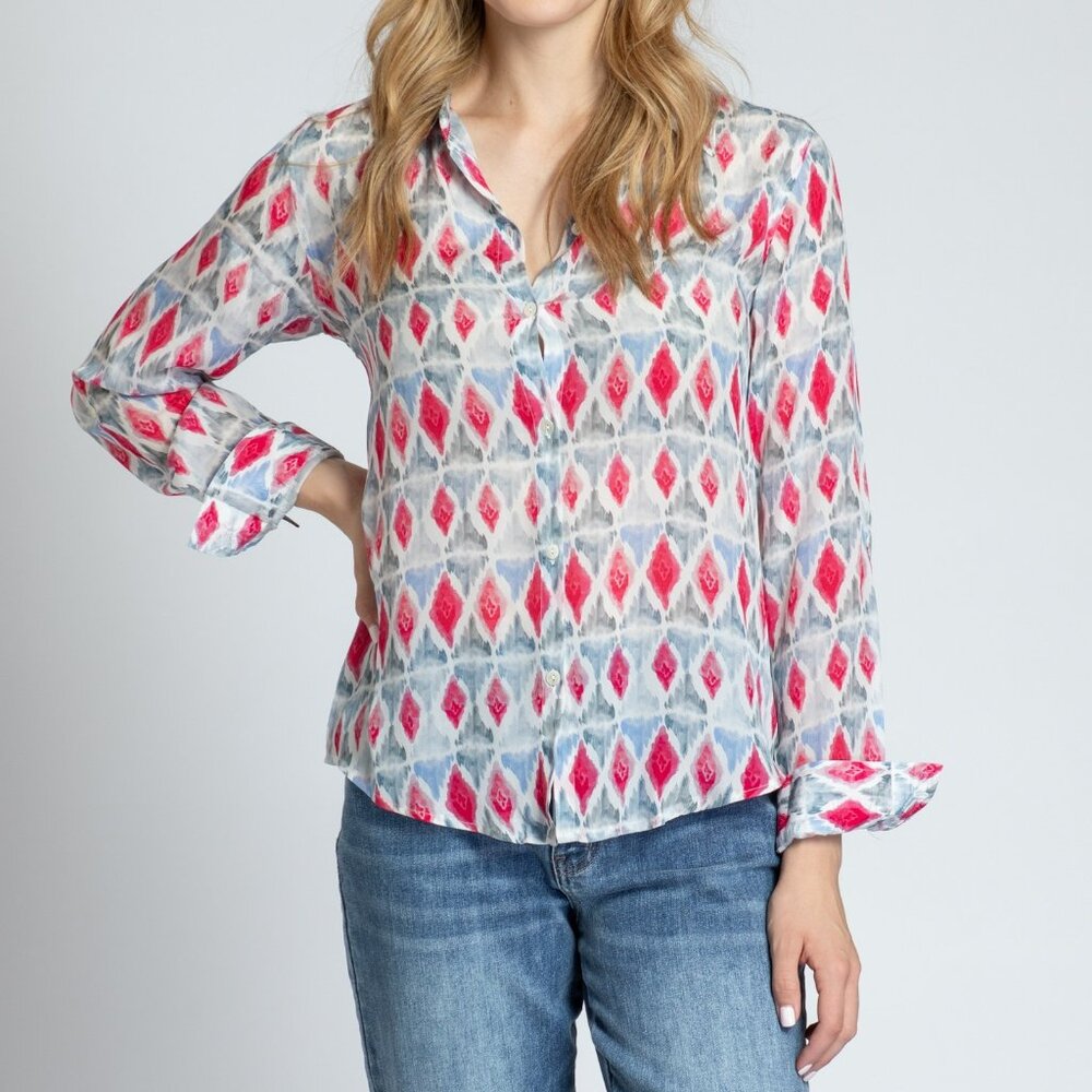 NWT APNY Harlequin Diamonds Button-Up Top With Roll Tab Sleeve